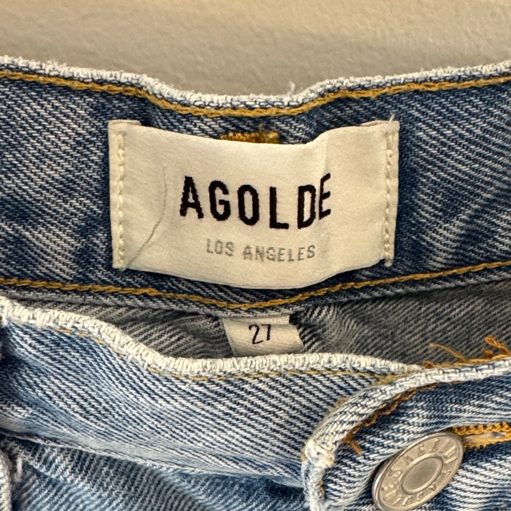 Agolde Light Blue Distressed High-Rise Denim Shorts - Picture 2 of 8